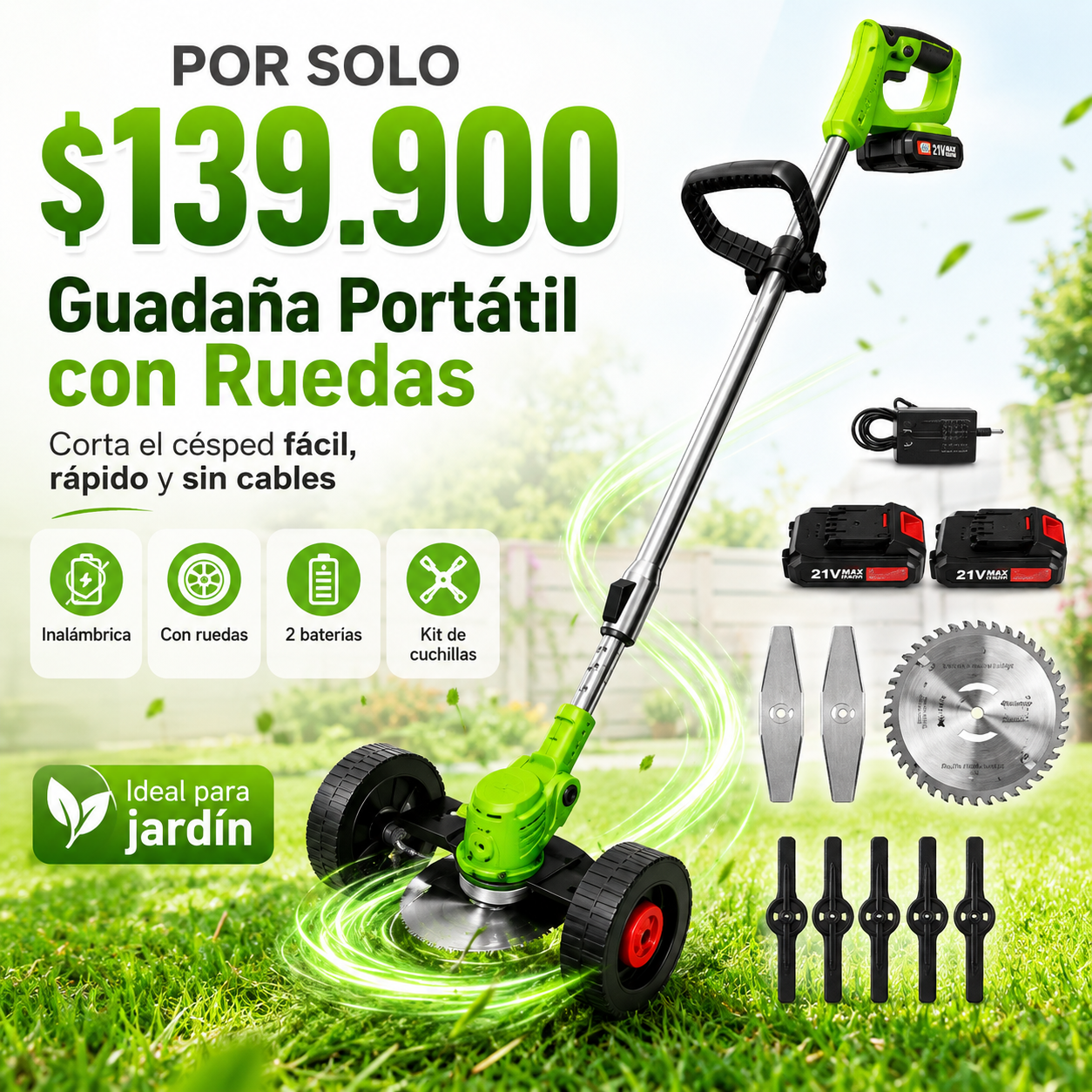 Corta tu césped fácil con la Guadaña Portátil Recargable con Ruedas