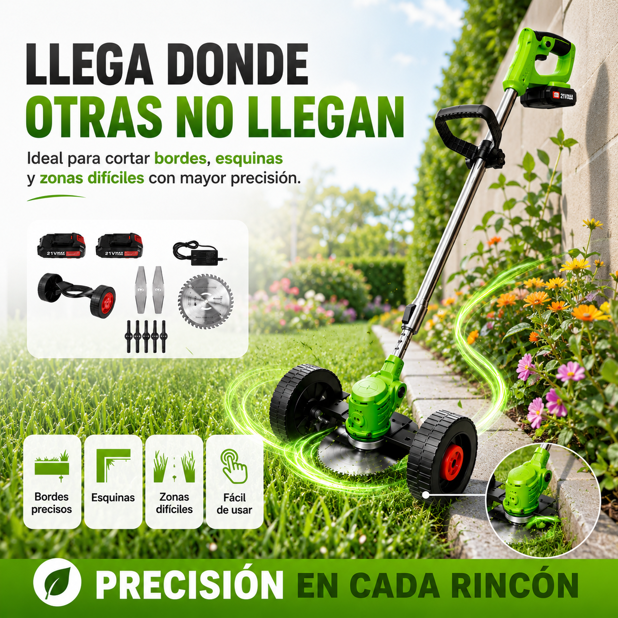 Corta tu césped fácil con la Guadaña Portátil Recargable con Ruedas