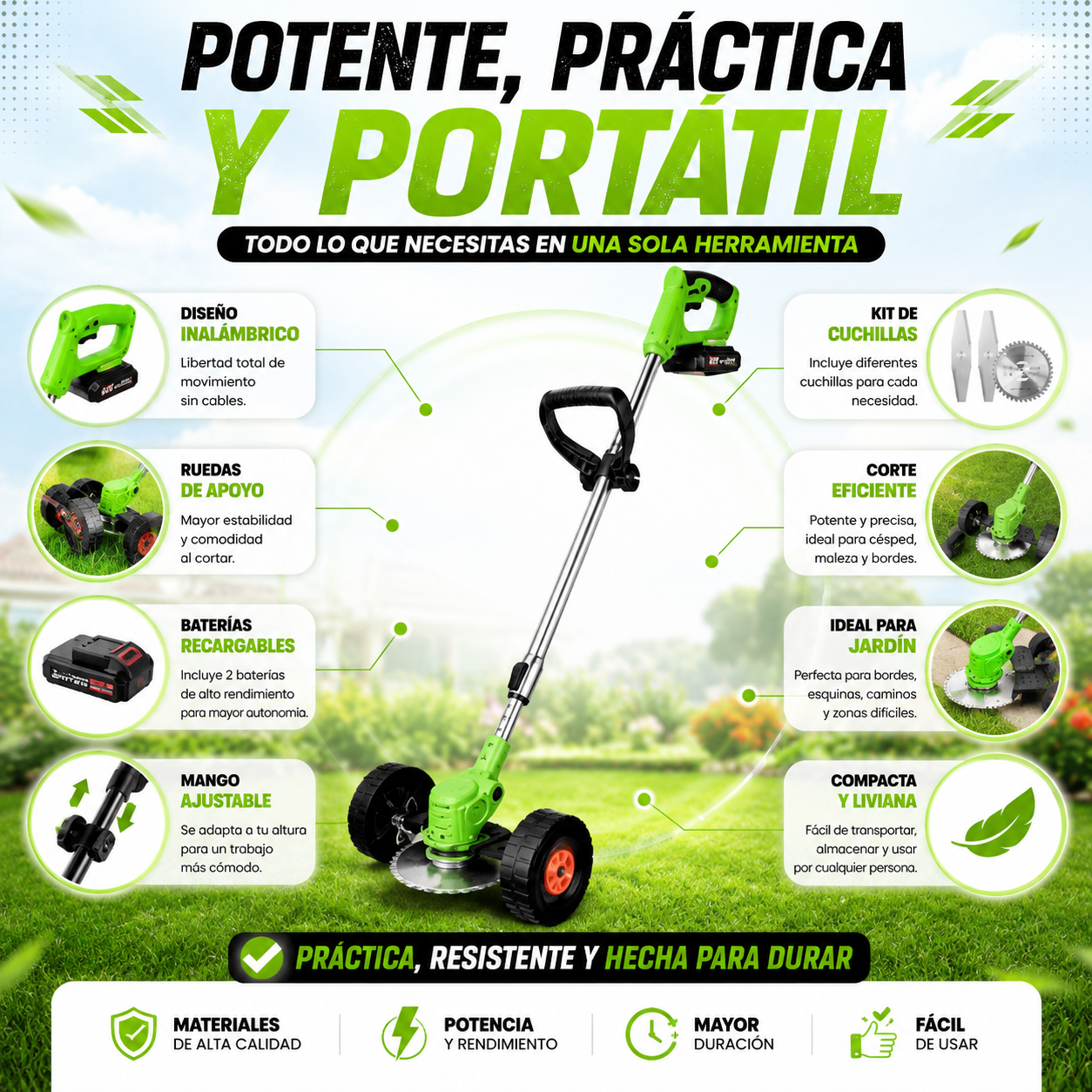 Corta tu césped fácil con la Guadaña Portátil Recargable con Ruedas